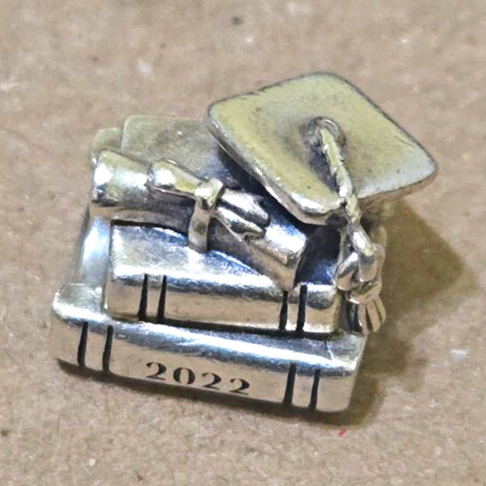 PANDORA Engraved 925 Sterling Silver Graduation Cap & Books Bead Charm